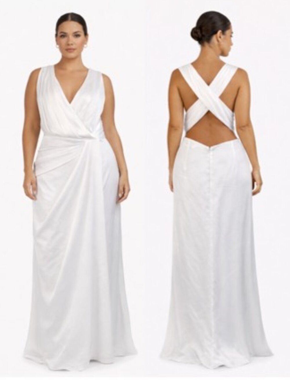 Fame & Partners White Satin Wrap Maxi Dress Open Back Crisscross Size 16